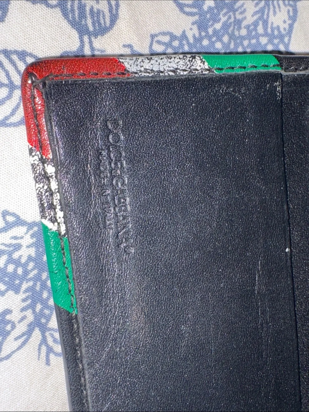 Dolce & Gabbana Black Leather Bi-Fold Wallet with Red and Green Trim